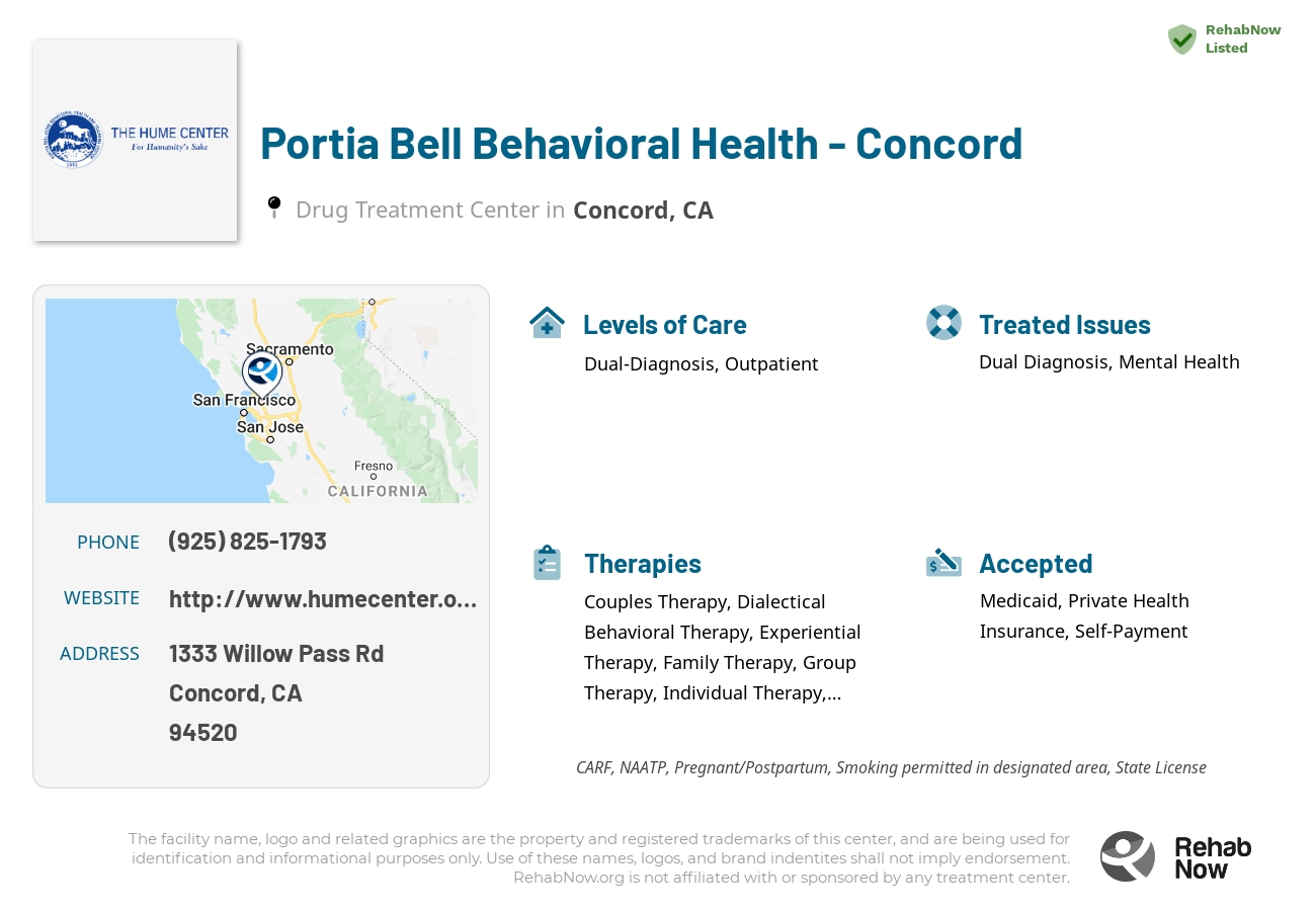 Helpful reference information for Portia Bell Behavioral Health - Concord, a drug treatment center in California located at: 1333 Willow Pass Rd, Concord, CA 94520, including phone numbers, official website, and more. Listed briefly is an overview of Levels of Care, Therapies Offered, Issues Treated, and accepted forms of Payment Methods.