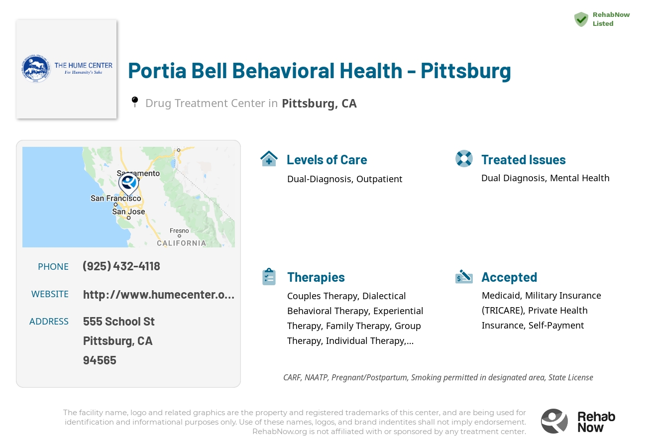 Helpful reference information for Portia Bell Behavioral Health - Pittsburg, a drug treatment center in California located at: 555 School St, Pittsburg, CA 94565, including phone numbers, official website, and more. Listed briefly is an overview of Levels of Care, Therapies Offered, Issues Treated, and accepted forms of Payment Methods.