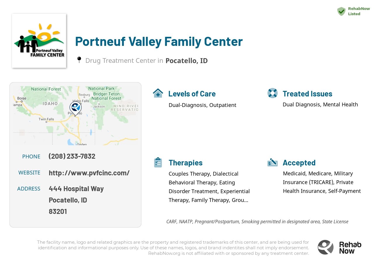 Helpful reference information for Portneuf Valley Family Center, a drug treatment center in Idaho located at: 444 Hospital Way, Pocatello, ID, 83201, including phone numbers, official website, and more. Listed briefly is an overview of Levels of Care, Therapies Offered, Issues Treated, and accepted forms of Payment Methods.