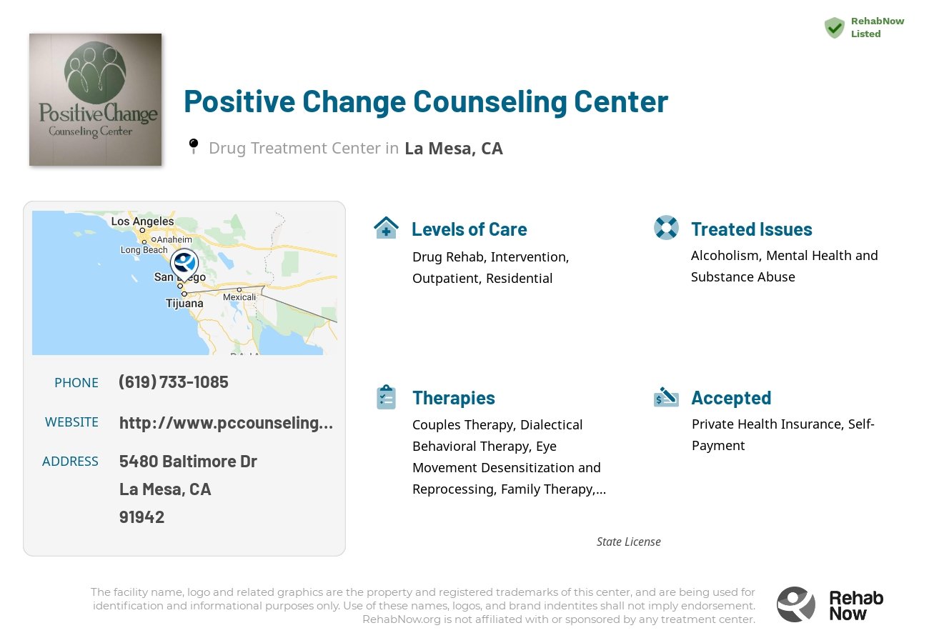 Helpful reference information for Positive Change Counseling Center, a drug treatment center in California located at: 5480 Baltimore Dr, La Mesa, CA 91942, including phone numbers, official website, and more. Listed briefly is an overview of Levels of Care, Therapies Offered, Issues Treated, and accepted forms of Payment Methods.