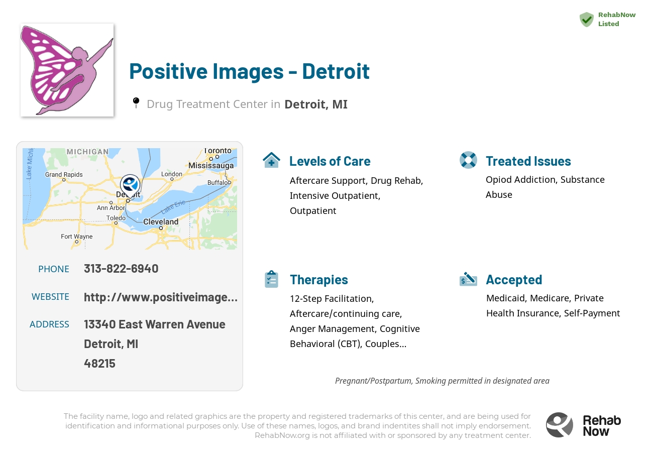 Helpful reference information for Positive Images - Detroit, a drug treatment center in Michigan located at: 13340 East Warren Avenue, Detroit, MI 48215, including phone numbers, official website, and more. Listed briefly is an overview of Levels of Care, Therapies Offered, Issues Treated, and accepted forms of Payment Methods.