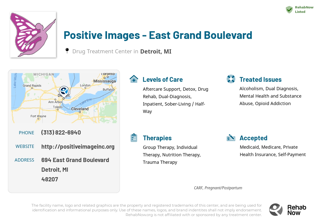 Helpful reference information for Positive Images - East Grand Boulevard, a drug treatment center in Michigan located at: 694 East Grand Boulevard, Detroit, MI, 48207, including phone numbers, official website, and more. Listed briefly is an overview of Levels of Care, Therapies Offered, Issues Treated, and accepted forms of Payment Methods.