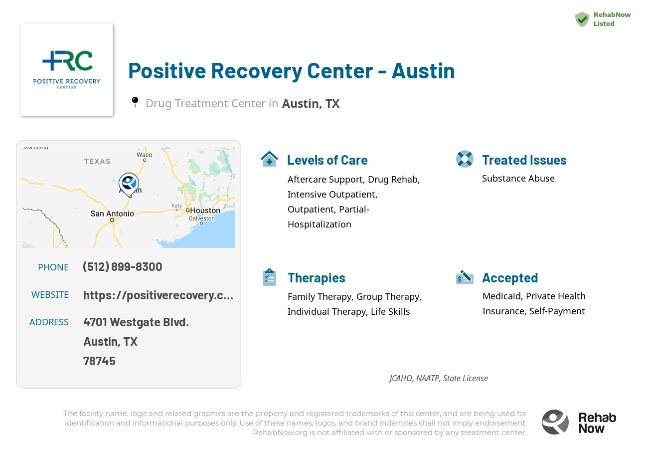 Helpful reference information for Positive Recovery Center - Austin, a drug treatment center in Texas located at: 4701 Westgate Blvd., Suite D 404, Austin, TX, 78745, including phone numbers, official website, and more. Listed briefly is an overview of Levels of Care, Therapies Offered, Issues Treated, and accepted forms of Payment Methods.