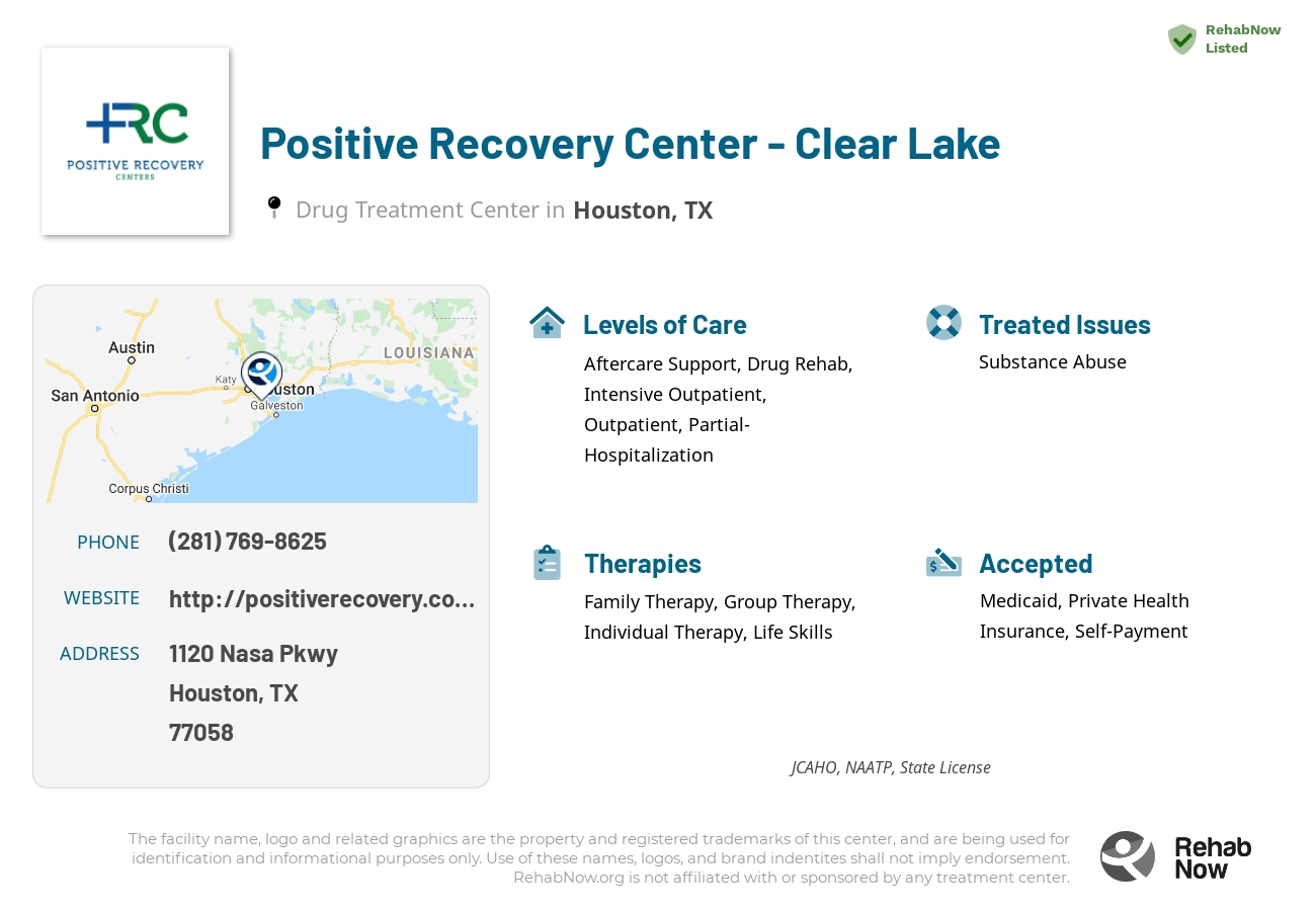Helpful reference information for Positive Recovery Center - Clear Lake, a drug treatment center in Texas located at: 1120 E NASA Pkwy  Ste 300, Houston, TX, 77058, including phone numbers, official website, and more. Listed briefly is an overview of Levels of Care, Therapies Offered, Issues Treated, and accepted forms of Payment Methods.