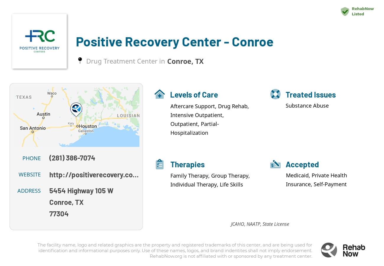 Helpful reference information for Positive Recovery Center - Conroe, a drug treatment center in Texas located at: 5452 TX-105 Ste. 201, Conroe, TX, 77304, including phone numbers, official website, and more. Listed briefly is an overview of Levels of Care, Therapies Offered, Issues Treated, and accepted forms of Payment Methods.
