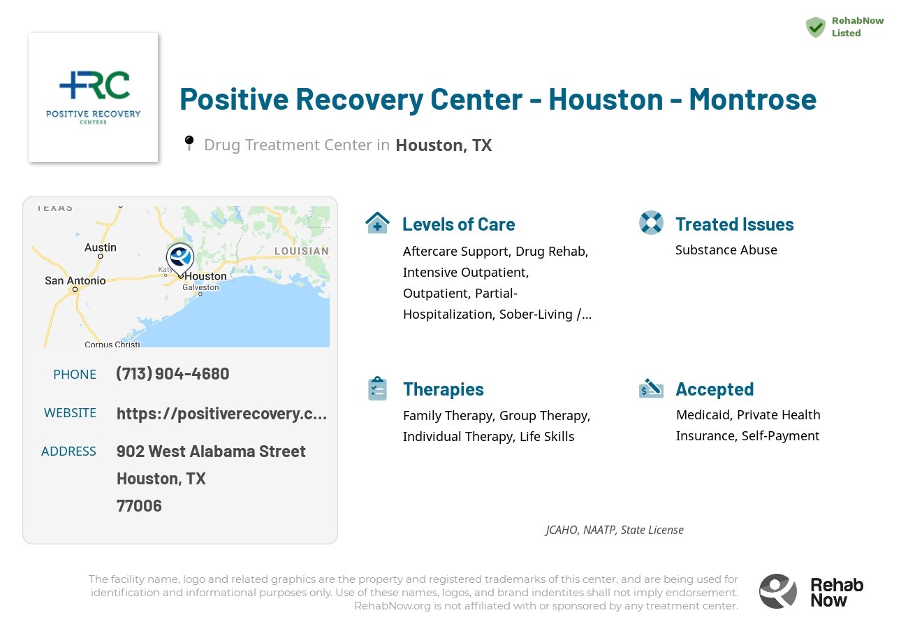 Helpful reference information for Positive Recovery Center - Houston - Montrose, a drug treatment center in Texas located at: 902 West Alabama Street, Houston, TX, 77006, including phone numbers, official website, and more. Listed briefly is an overview of Levels of Care, Therapies Offered, Issues Treated, and accepted forms of Payment Methods.