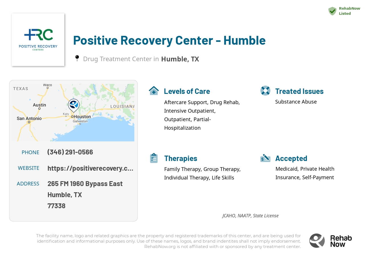 Helpful reference information for Positive Recovery Center - Humble, a drug treatment center in Texas located at: 265 FM 1960 Bypass East, Humble, TX, 77338, including phone numbers, official website, and more. Listed briefly is an overview of Levels of Care, Therapies Offered, Issues Treated, and accepted forms of Payment Methods.