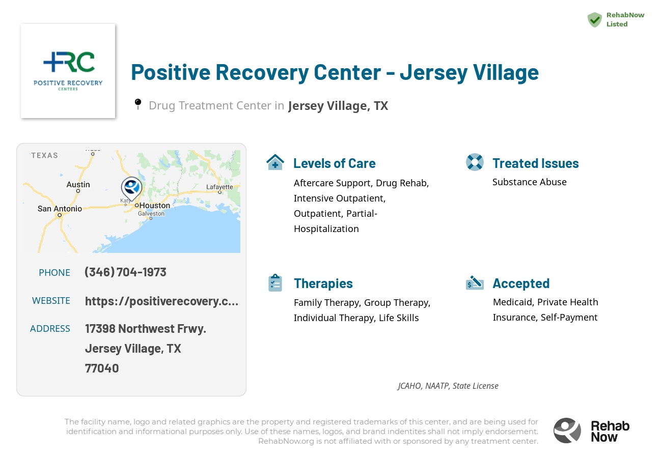 Helpful reference information for Positive Recovery Center - Jersey Village, a drug treatment center in Texas located at: 17398 Northwest Frwy., Jersey Village, TX, 77040, including phone numbers, official website, and more. Listed briefly is an overview of Levels of Care, Therapies Offered, Issues Treated, and accepted forms of Payment Methods.