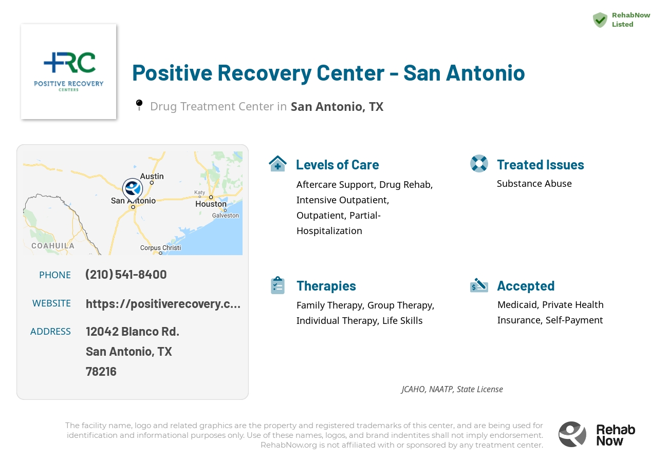 Helpful reference information for Positive Recovery Center - San Antonio, a drug treatment center in Texas located at: 12042 Blanco Rd., Suite 101, San Antonio, TX, 78216, including phone numbers, official website, and more. Listed briefly is an overview of Levels of Care, Therapies Offered, Issues Treated, and accepted forms of Payment Methods.