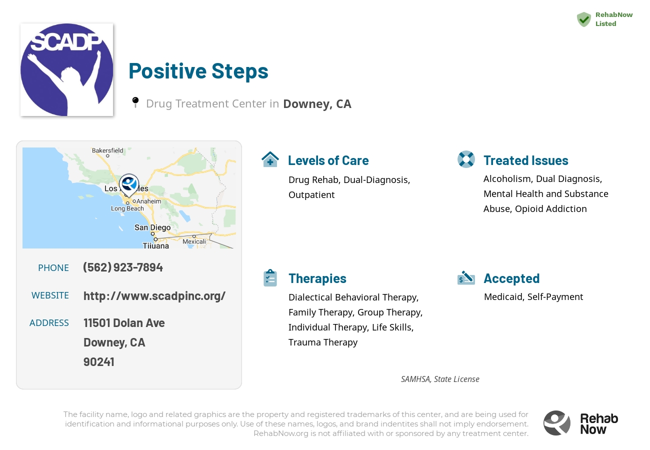 Helpful reference information for Positive Steps, a drug treatment center in California located at: 11501 Dolan Ave, Downey, CA 90241, including phone numbers, official website, and more. Listed briefly is an overview of Levels of Care, Therapies Offered, Issues Treated, and accepted forms of Payment Methods.