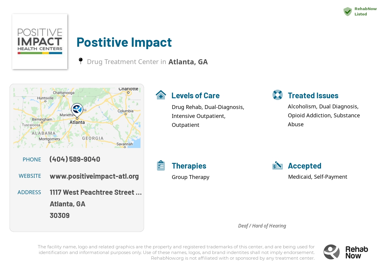 Helpful reference information for Postitive Impact, a drug treatment center in Georgia located at: 1117 West Peachtree Street Northeast, Atlanta, GA, 30309, including phone numbers, official website, and more. Listed briefly is an overview of Levels of Care, Therapies Offered, Issues Treated, and accepted forms of Payment Methods.