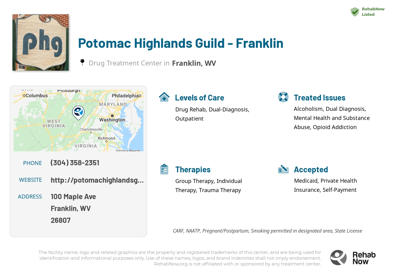 Helpful reference information for Potomac Highlands Guild - Franklin, a drug treatment center in West Virginia located at: 100 Maple Ave, Franklin, WV 26807, including phone numbers, official website, and more. Listed briefly is an overview of Levels of Care, Therapies Offered, Issues Treated, and accepted forms of Payment Methods.