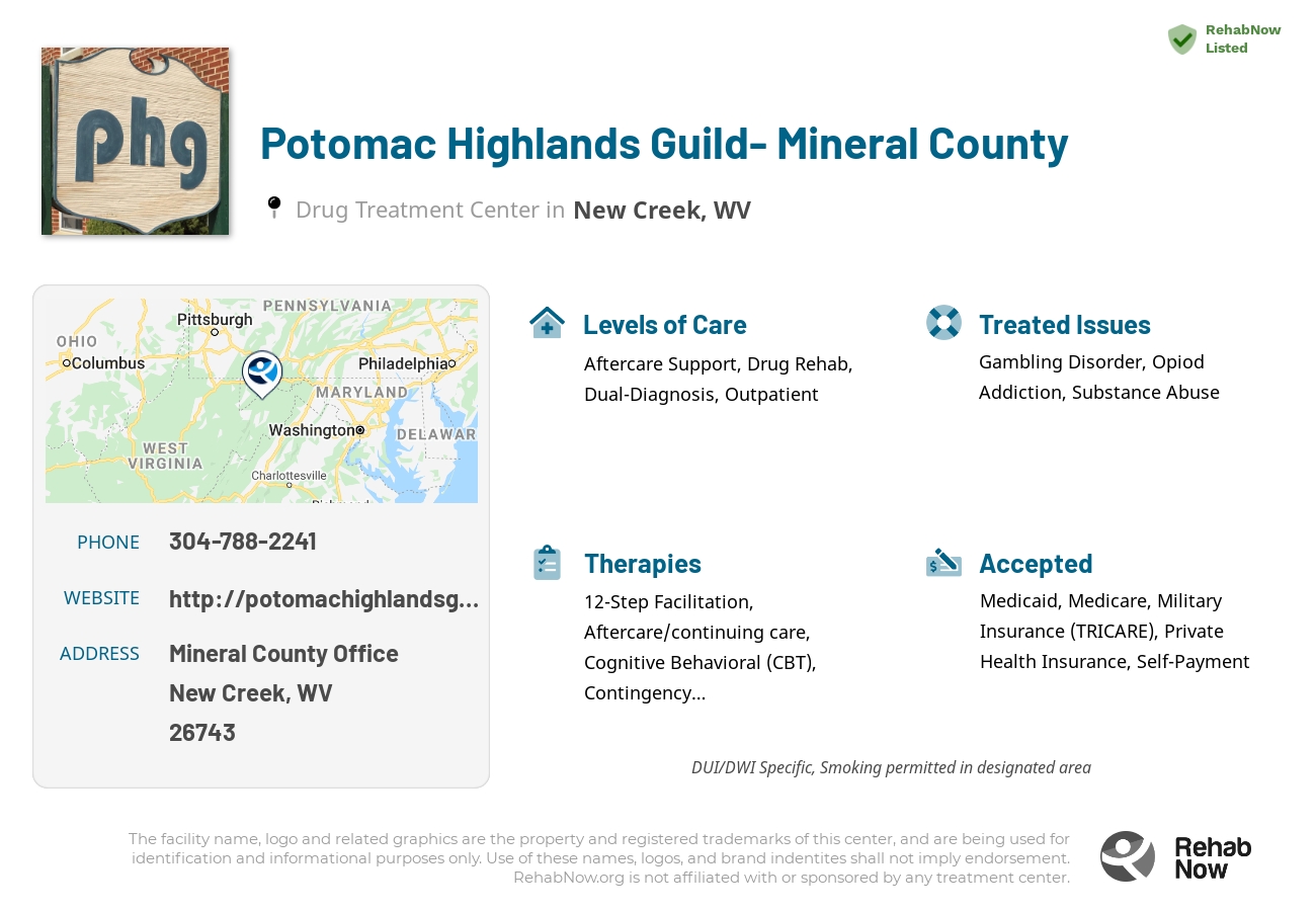 Helpful reference information for Potomac Highlands Guild- Mineral County, a drug treatment center in West Virginia located at: Mineral County Office, New Creek, WV 26743, including phone numbers, official website, and more. Listed briefly is an overview of Levels of Care, Therapies Offered, Issues Treated, and accepted forms of Payment Methods.