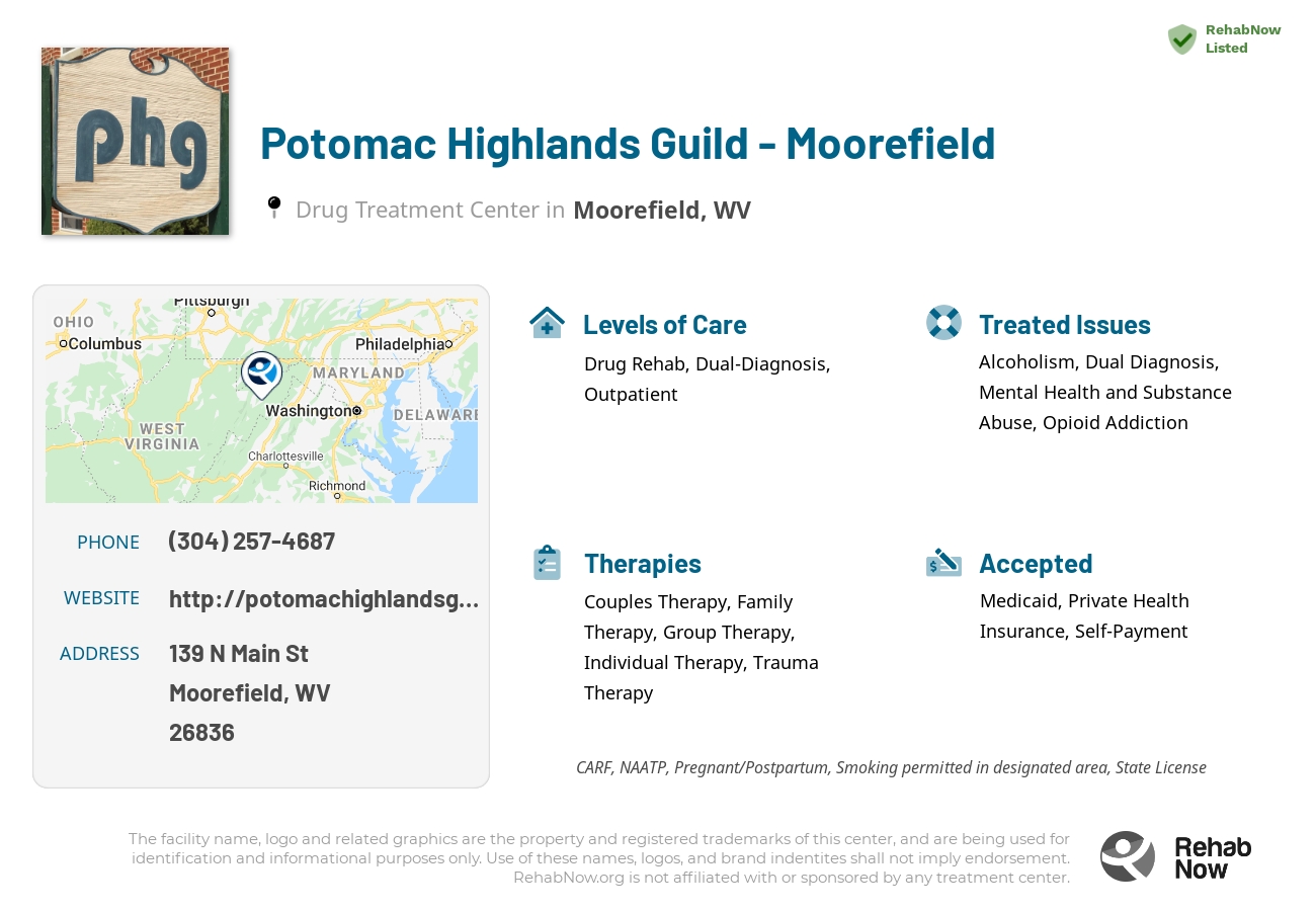 Helpful reference information for Potomac Highlands Guild - Moorefield, a drug treatment center in West Virginia located at: 139 N Main St, Moorefield, WV 26836, including phone numbers, official website, and more. Listed briefly is an overview of Levels of Care, Therapies Offered, Issues Treated, and accepted forms of Payment Methods.