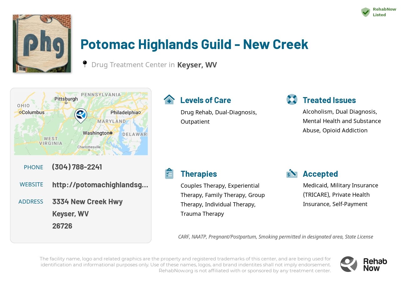 Helpful reference information for Potomac Highlands Guild - New Creek, a drug treatment center in West Virginia located at: 3334 New Creek Hwy, Keyser, WV 26726, including phone numbers, official website, and more. Listed briefly is an overview of Levels of Care, Therapies Offered, Issues Treated, and accepted forms of Payment Methods.