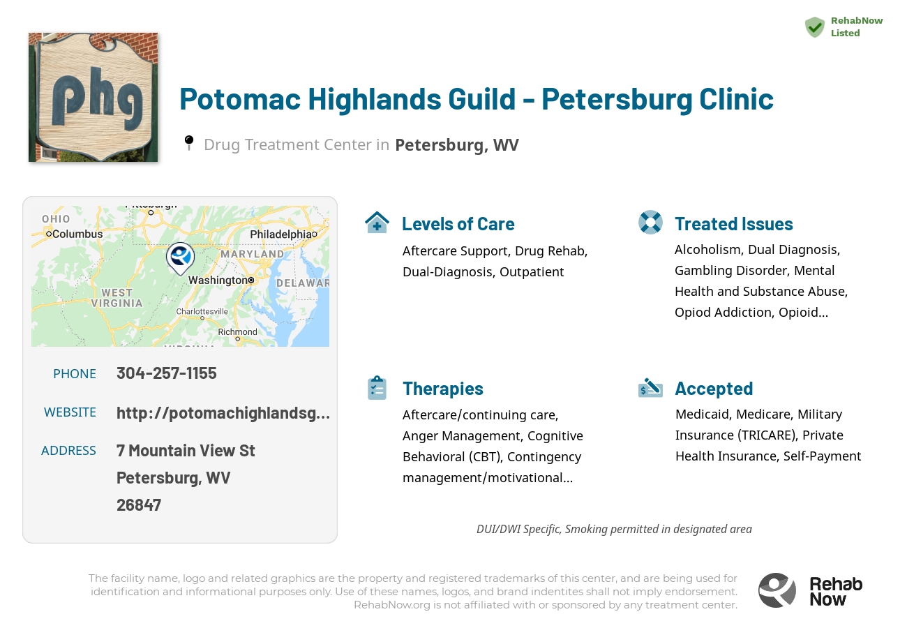 Helpful reference information for Potomac Highlands Guild - Petersburg Clinic, a drug treatment center in West Virginia located at: 7 Mountain View St, Petersburg, WV 26847, including phone numbers, official website, and more. Listed briefly is an overview of Levels of Care, Therapies Offered, Issues Treated, and accepted forms of Payment Methods.