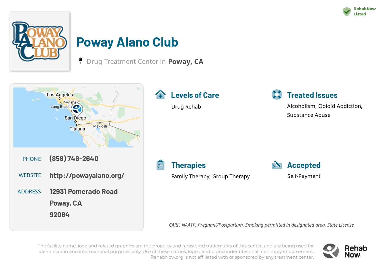 Helpful reference information for Poway Alano Club, a drug treatment center in California located at: 12931 Pomerado Road, Poway, CA, 92064, including phone numbers, official website, and more. Listed briefly is an overview of Levels of Care, Therapies Offered, Issues Treated, and accepted forms of Payment Methods.