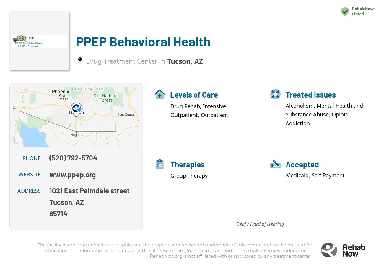 Helpful reference information for PPEP Behavioral Health, a drug treatment center in Arizona located at: 1021 East Palmdale street, Tucson, AZ, 85714, including phone numbers, official website, and more. Listed briefly is an overview of Levels of Care, Therapies Offered, Issues Treated, and accepted forms of Payment Methods.