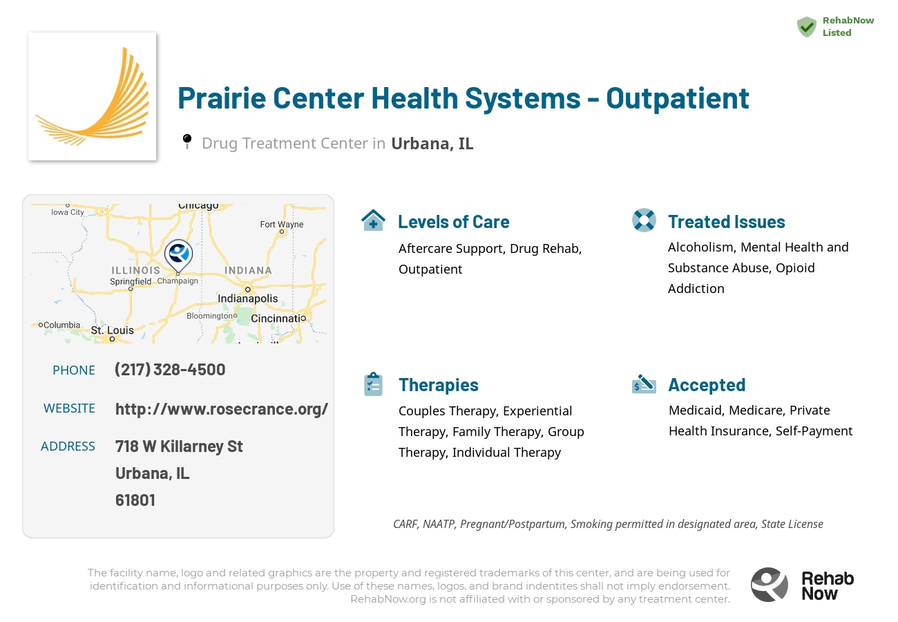Helpful reference information for Prairie Center Health Systems - Outpatient, a drug treatment center in Illinois located at: 718 W Killarney St, Urbana, IL 61801, including phone numbers, official website, and more. Listed briefly is an overview of Levels of Care, Therapies Offered, Issues Treated, and accepted forms of Payment Methods.