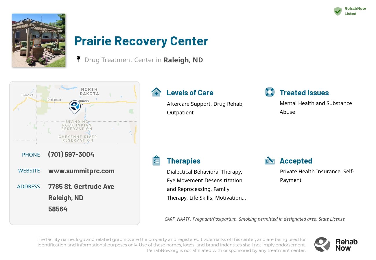 Helpful reference information for Prairie Recovery Center, a drug treatment center in North Dakota located at: 7785 St. Gertrude Ave, Raleigh, ND, 58564, including phone numbers, official website, and more. Listed briefly is an overview of Levels of Care, Therapies Offered, Issues Treated, and accepted forms of Payment Methods.