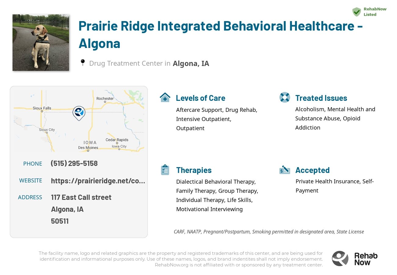 Helpful reference information for Prairie Ridge Integrated Behavioral Healthcare - Algona, a drug treatment center in Iowa located at: 117 East Call street, Algona, IA, 50511, including phone numbers, official website, and more. Listed briefly is an overview of Levels of Care, Therapies Offered, Issues Treated, and accepted forms of Payment Methods.