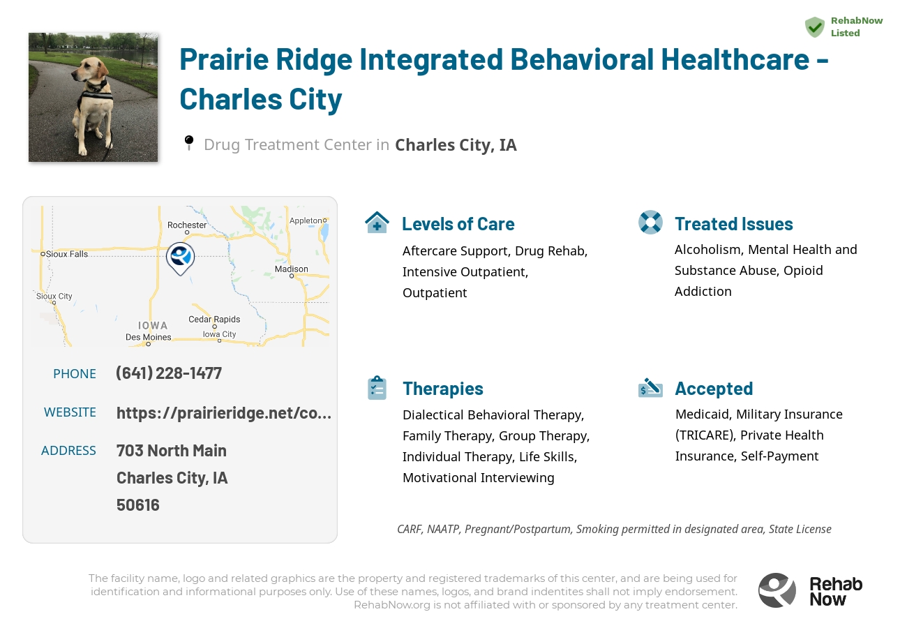 Helpful reference information for Prairie Ridge Integrated Behavioral Healthcare - Charles City, a drug treatment center in Iowa located at: 703 North Main, Charles City, IA, 50616, including phone numbers, official website, and more. Listed briefly is an overview of Levels of Care, Therapies Offered, Issues Treated, and accepted forms of Payment Methods.