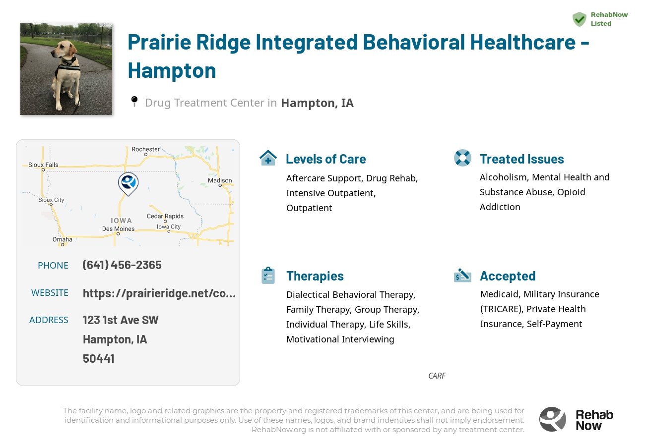 Helpful reference information for Prairie Ridge Integrated Behavioral Healthcare - Hampton, a drug treatment center in Iowa located at: 123 1st Ave SW, Hampton, IA, 50441, including phone numbers, official website, and more. Listed briefly is an overview of Levels of Care, Therapies Offered, Issues Treated, and accepted forms of Payment Methods.