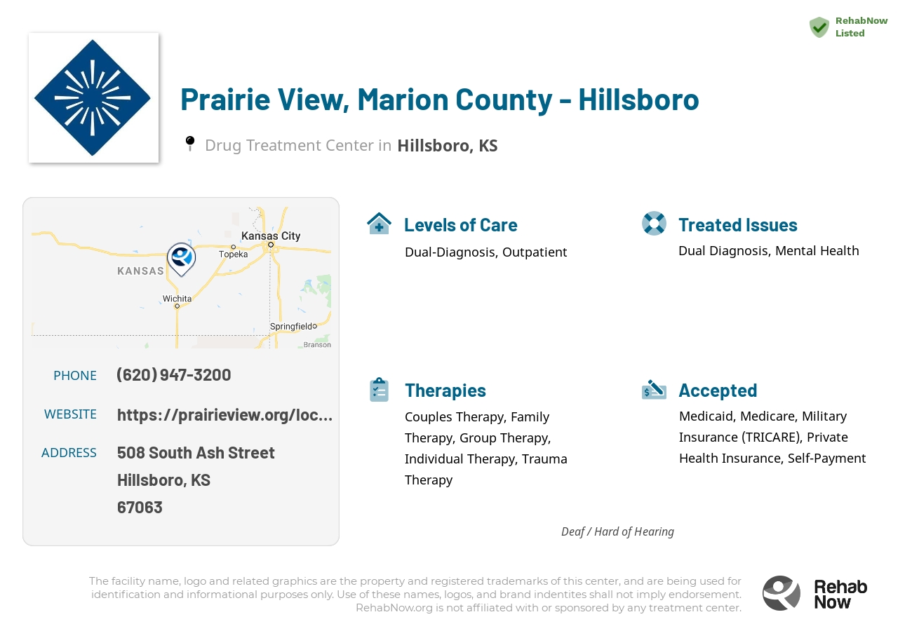 Helpful reference information for Prairie View, Marion County - Hillsboro, a drug treatment center in Kansas located at: 508 508 South Ash Street, Hillsboro, KS 67063, including phone numbers, official website, and more. Listed briefly is an overview of Levels of Care, Therapies Offered, Issues Treated, and accepted forms of Payment Methods.