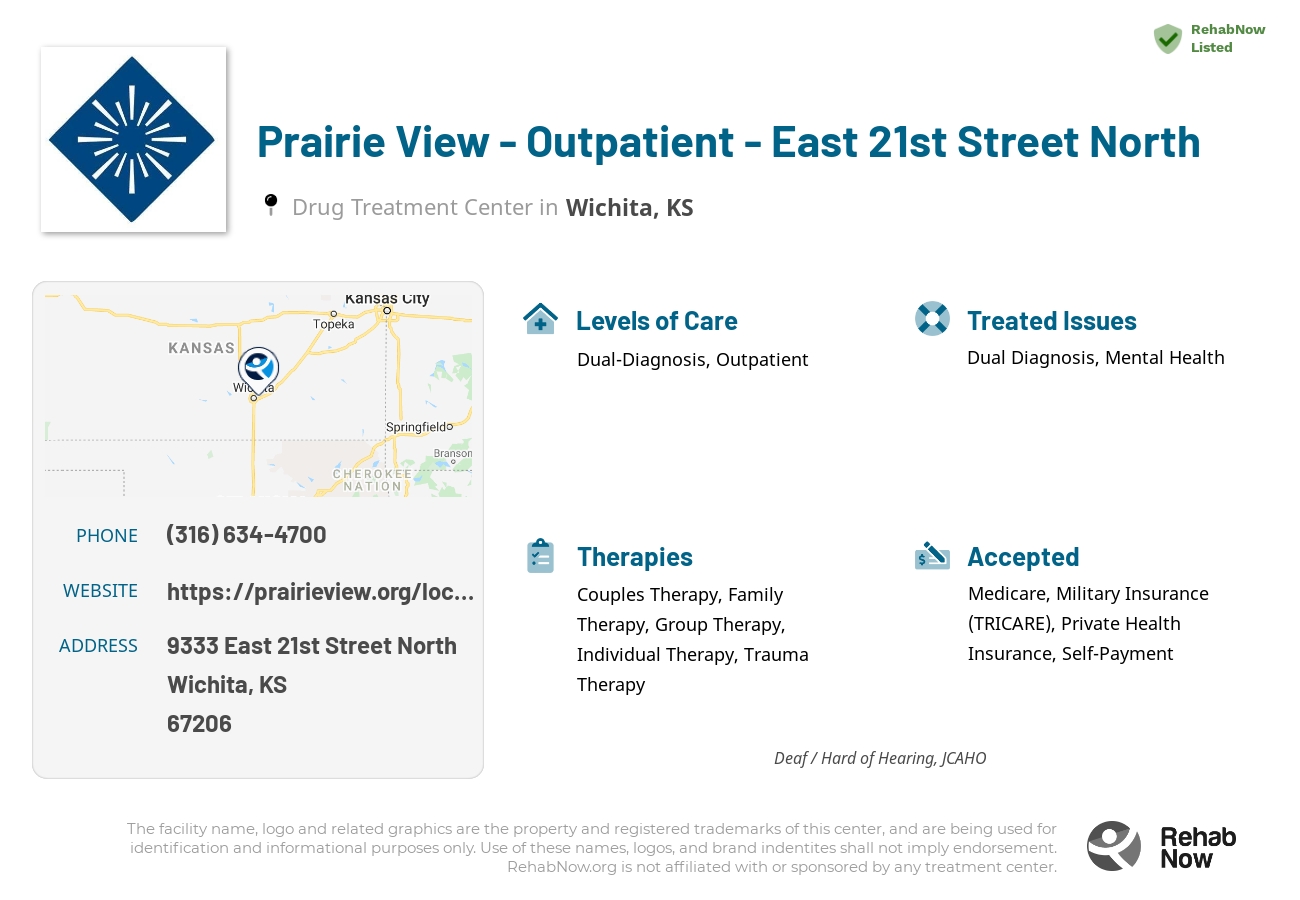 Helpful reference information for Prairie View - Outpatient - East 21st Street North, a drug treatment center in Kansas located at: 9333 9333 East 21st Street North, Wichita, KS 67206, including phone numbers, official website, and more. Listed briefly is an overview of Levels of Care, Therapies Offered, Issues Treated, and accepted forms of Payment Methods.
