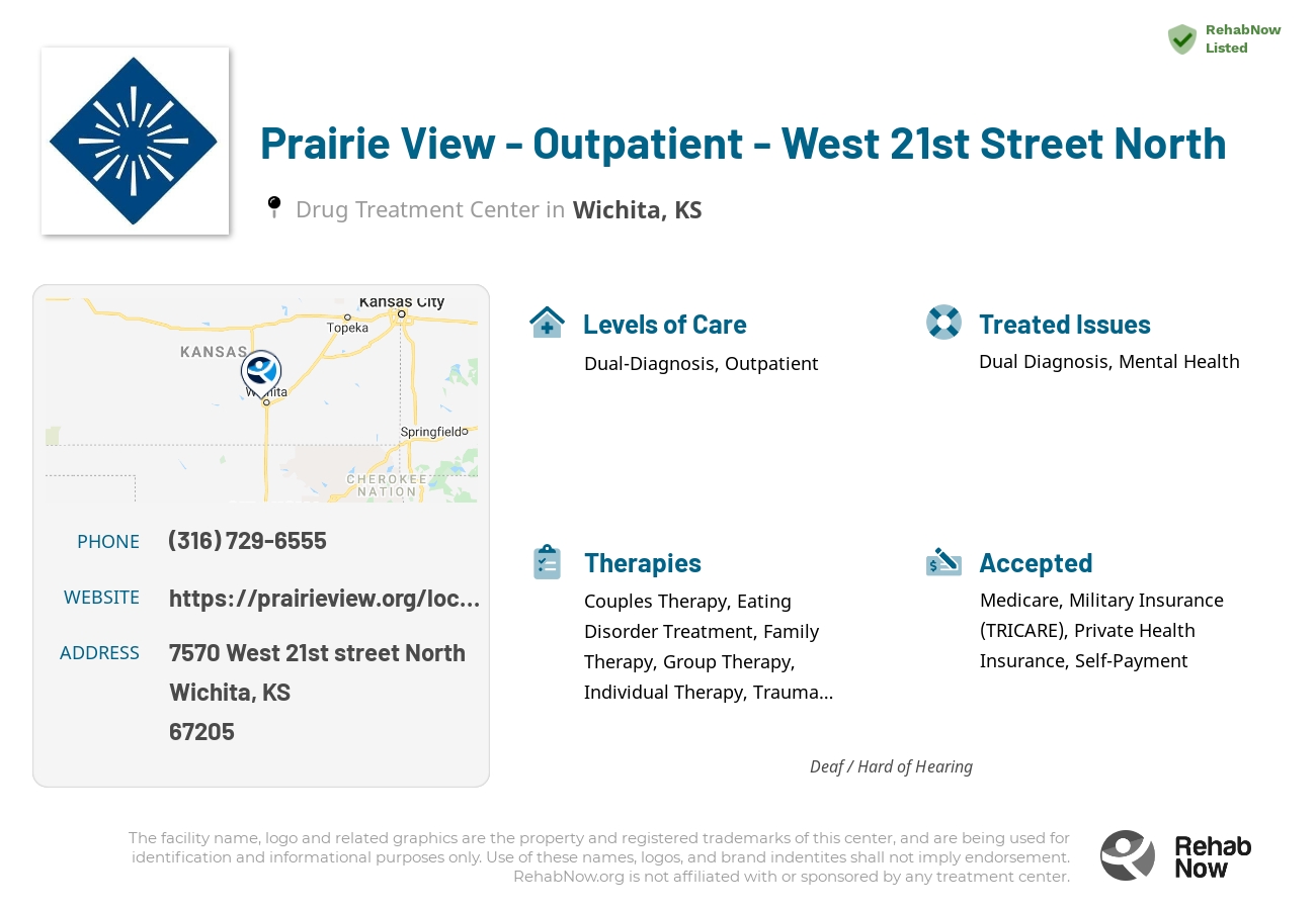 Helpful reference information for Prairie View - Outpatient - West 21st Street North, a drug treatment center in Kansas located at: 7570 7570 West 21st street North, Wichita, KS 67205, including phone numbers, official website, and more. Listed briefly is an overview of Levels of Care, Therapies Offered, Issues Treated, and accepted forms of Payment Methods.