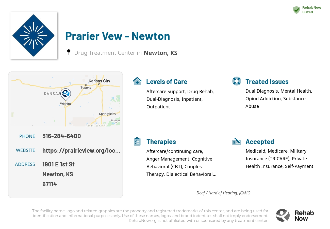 Helpful reference information for Prarier Vew - Newton, a drug treatment center in Kansas located at: 1901 E 1st St, Newton, KS 67114, including phone numbers, official website, and more. Listed briefly is an overview of Levels of Care, Therapies Offered, Issues Treated, and accepted forms of Payment Methods.