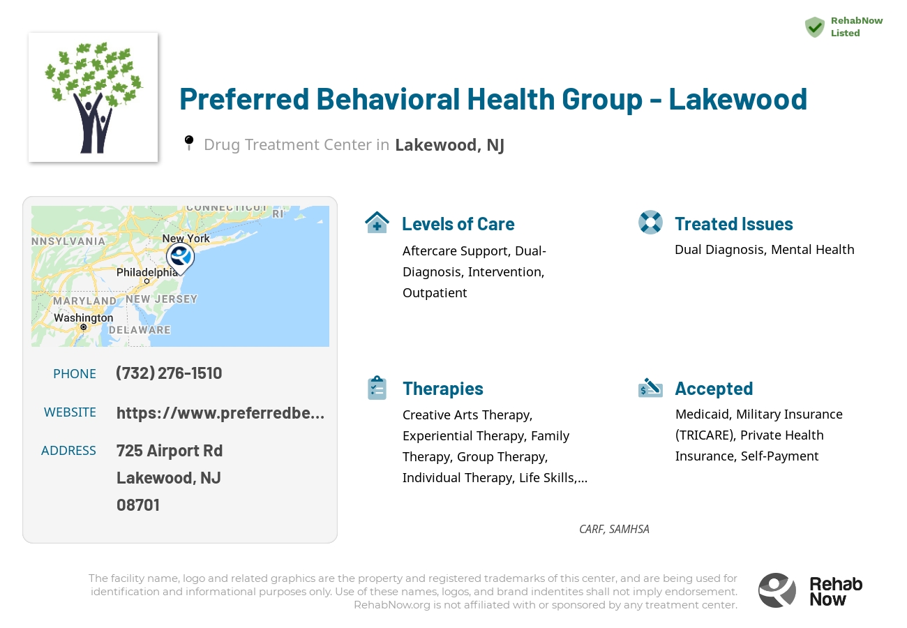 Helpful reference information for Preferred Behavioral Health Group - Lakewood, a drug treatment center in New Jersey located at: 725 Airport Rd, Lakewood, NJ 08701, including phone numbers, official website, and more. Listed briefly is an overview of Levels of Care, Therapies Offered, Issues Treated, and accepted forms of Payment Methods.