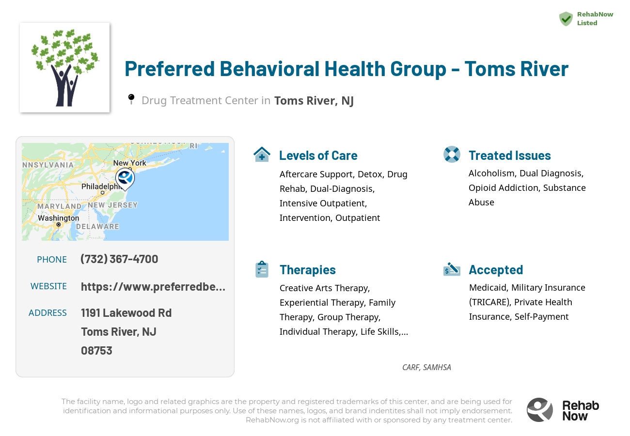 Helpful reference information for Preferred Behavioral Health Group - Toms River, a drug treatment center in New Jersey located at: 1191 Lakewood Rd, Toms River, NJ 08753, including phone numbers, official website, and more. Listed briefly is an overview of Levels of Care, Therapies Offered, Issues Treated, and accepted forms of Payment Methods.
