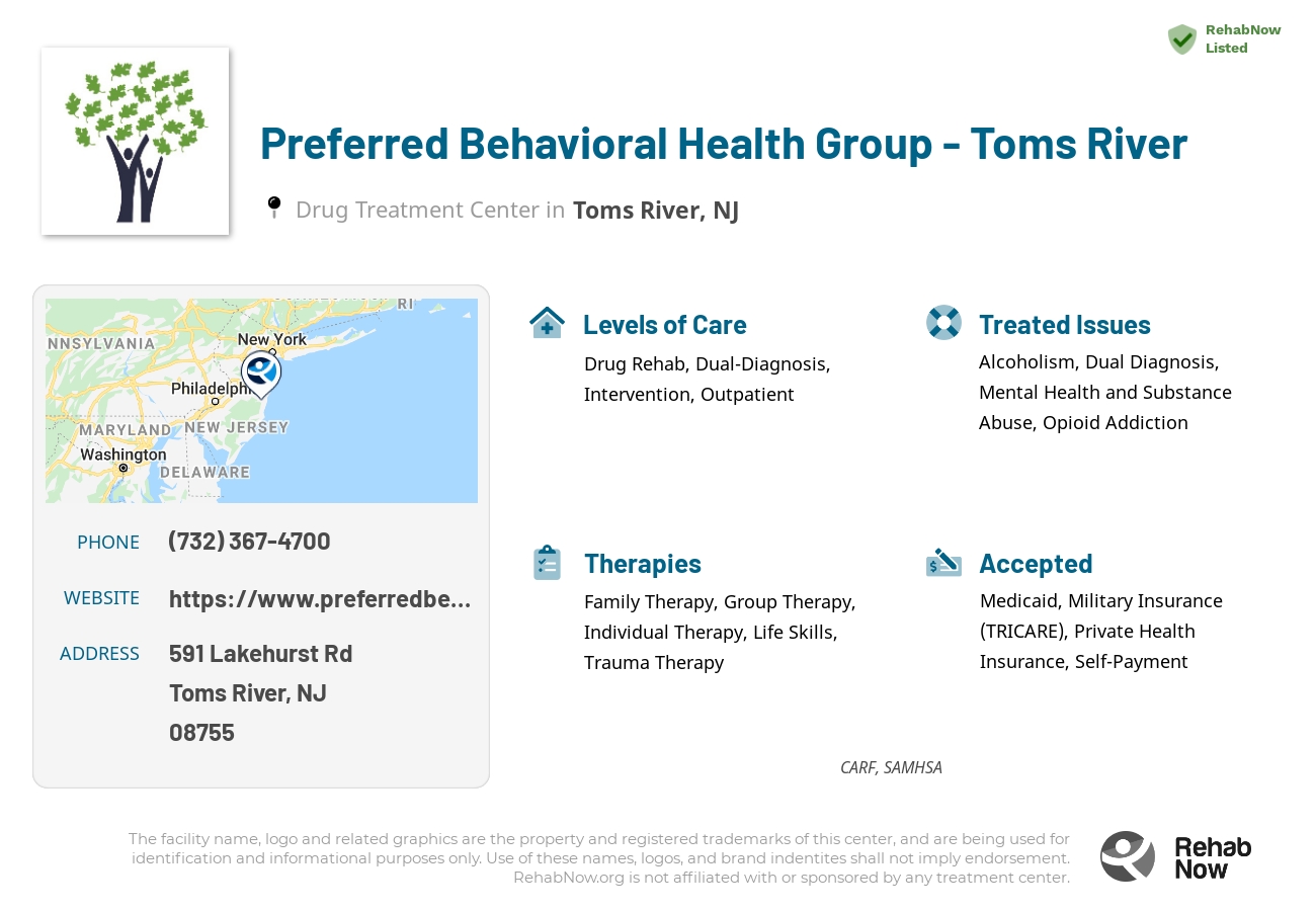 Helpful reference information for Preferred Behavioral Health Group - Toms River, a drug treatment center in New Jersey located at: 591 Lakehurst Rd, Toms River, NJ 08755, including phone numbers, official website, and more. Listed briefly is an overview of Levels of Care, Therapies Offered, Issues Treated, and accepted forms of Payment Methods.