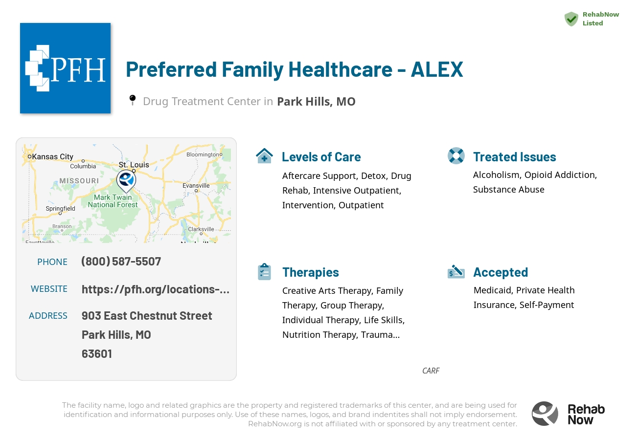 Helpful reference information for Preferred Family Healthcare - ALEX, a drug treatment center in Missouri located at: 903 903 East Chestnut Street, Park Hills, MO 63601, including phone numbers, official website, and more. Listed briefly is an overview of Levels of Care, Therapies Offered, Issues Treated, and accepted forms of Payment Methods.
