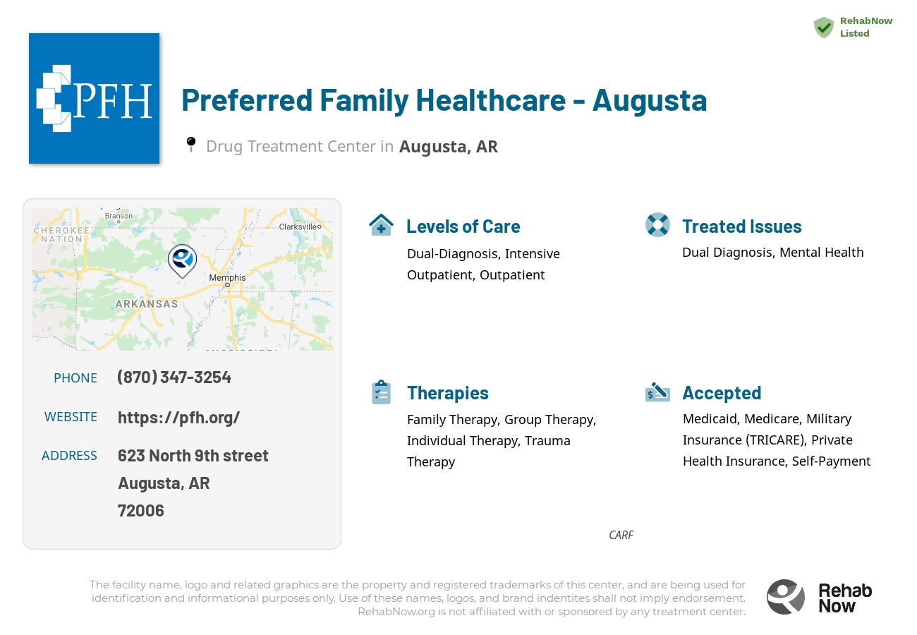 Helpful reference information for Preferred Family Healthcare - Augusta, a drug treatment center in Arkansas located at: 623 North 9th street, Augusta, AR, 72006, including phone numbers, official website, and more. Listed briefly is an overview of Levels of Care, Therapies Offered, Issues Treated, and accepted forms of Payment Methods.