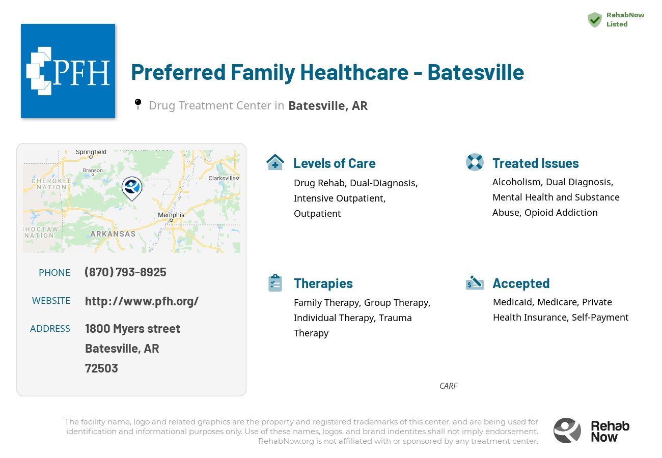 Helpful reference information for Preferred Family Healthcare - Batesville, a drug treatment center in Arkansas located at: 1800 Myers street, Batesville, AR, 72503, including phone numbers, official website, and more. Listed briefly is an overview of Levels of Care, Therapies Offered, Issues Treated, and accepted forms of Payment Methods.