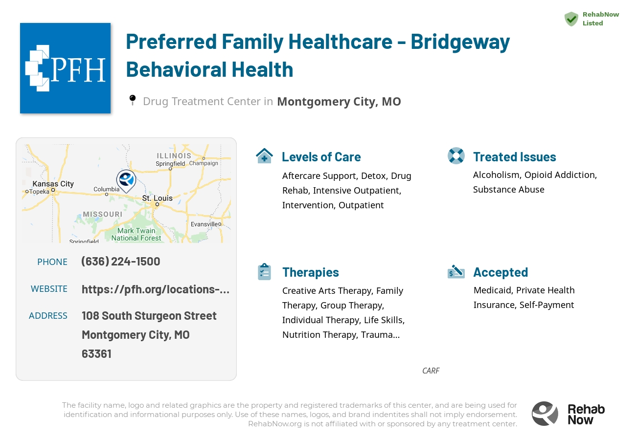 Helpful reference information for Preferred Family Healthcare - Bridgeway Behavioral Health, a drug treatment center in Missouri located at: 108 South Sturgeon Street, Montgomery City, MO 63361, including phone numbers, official website, and more. Listed briefly is an overview of Levels of Care, Therapies Offered, Issues Treated, and accepted forms of Payment Methods.