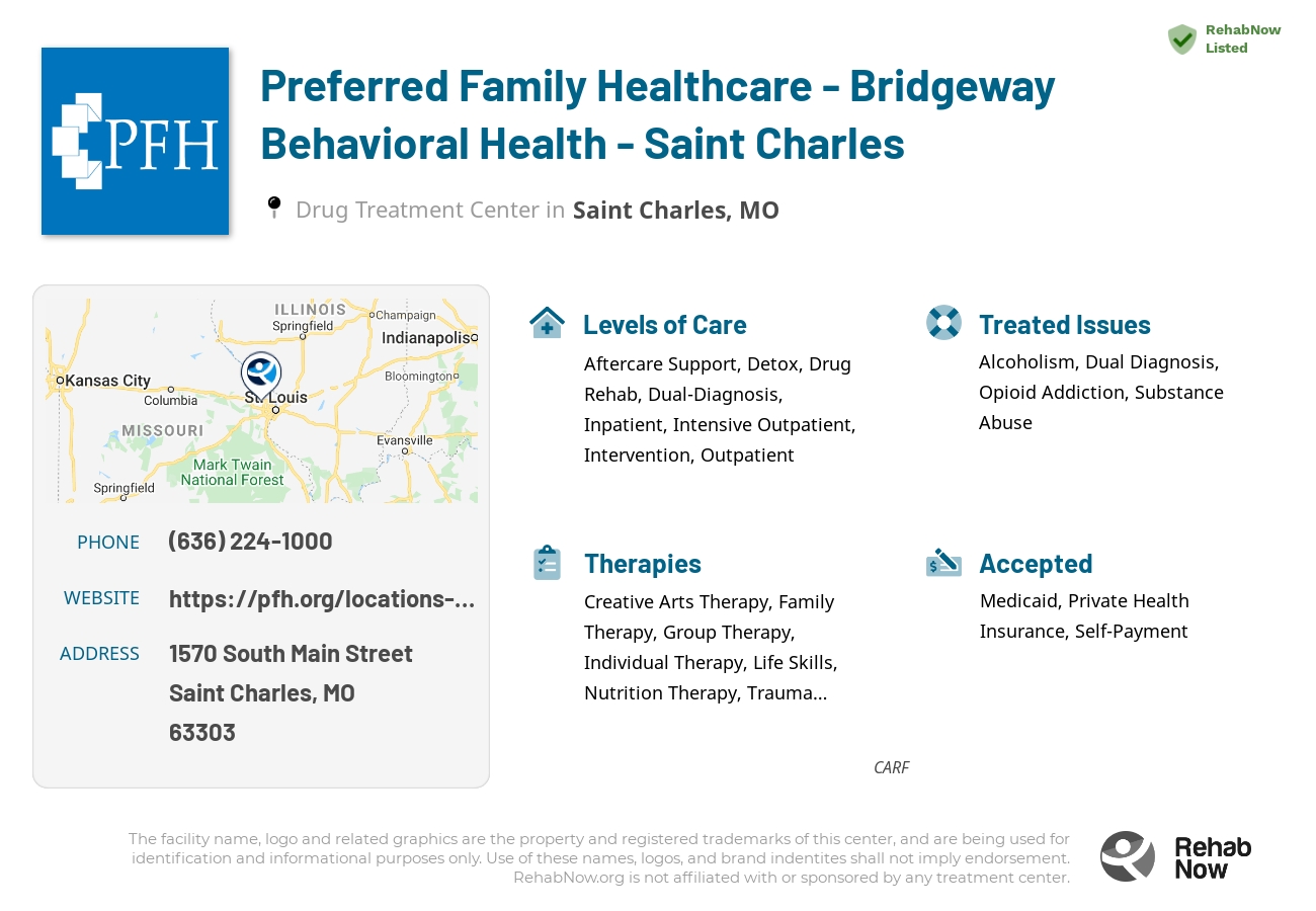 Helpful reference information for Preferred Family Healthcare - Bridgeway Behavioral Health - Saint Charles, a drug treatment center in Missouri located at: 1570 South Main Street, Saint Charles, MO, 63303, including phone numbers, official website, and more. Listed briefly is an overview of Levels of Care, Therapies Offered, Issues Treated, and accepted forms of Payment Methods.