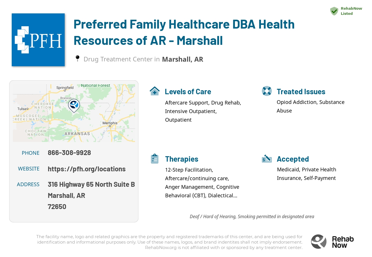 Helpful reference information for Preferred Family Healthcare DBA Health Resources of AR - Marshall, a drug treatment center in Arkansas located at: 316 Highway 65 North Suite B, Marshall, AR 72650, including phone numbers, official website, and more. Listed briefly is an overview of Levels of Care, Therapies Offered, Issues Treated, and accepted forms of Payment Methods.