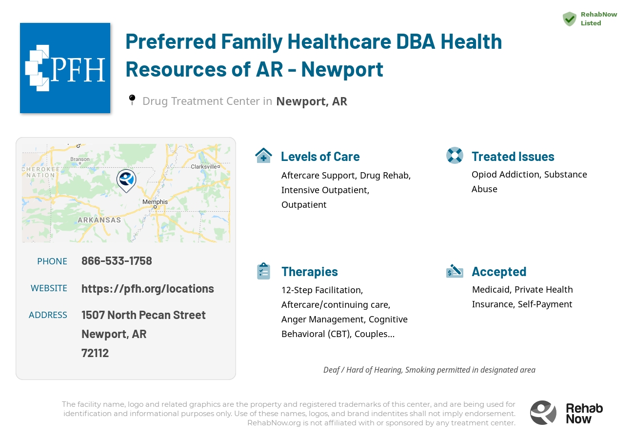 Helpful reference information for Preferred Family Healthcare DBA Health Resources of AR - Newport, a drug treatment center in Arkansas located at: 1507 North Pecan Street, Newport, AR 72112, including phone numbers, official website, and more. Listed briefly is an overview of Levels of Care, Therapies Offered, Issues Treated, and accepted forms of Payment Methods.