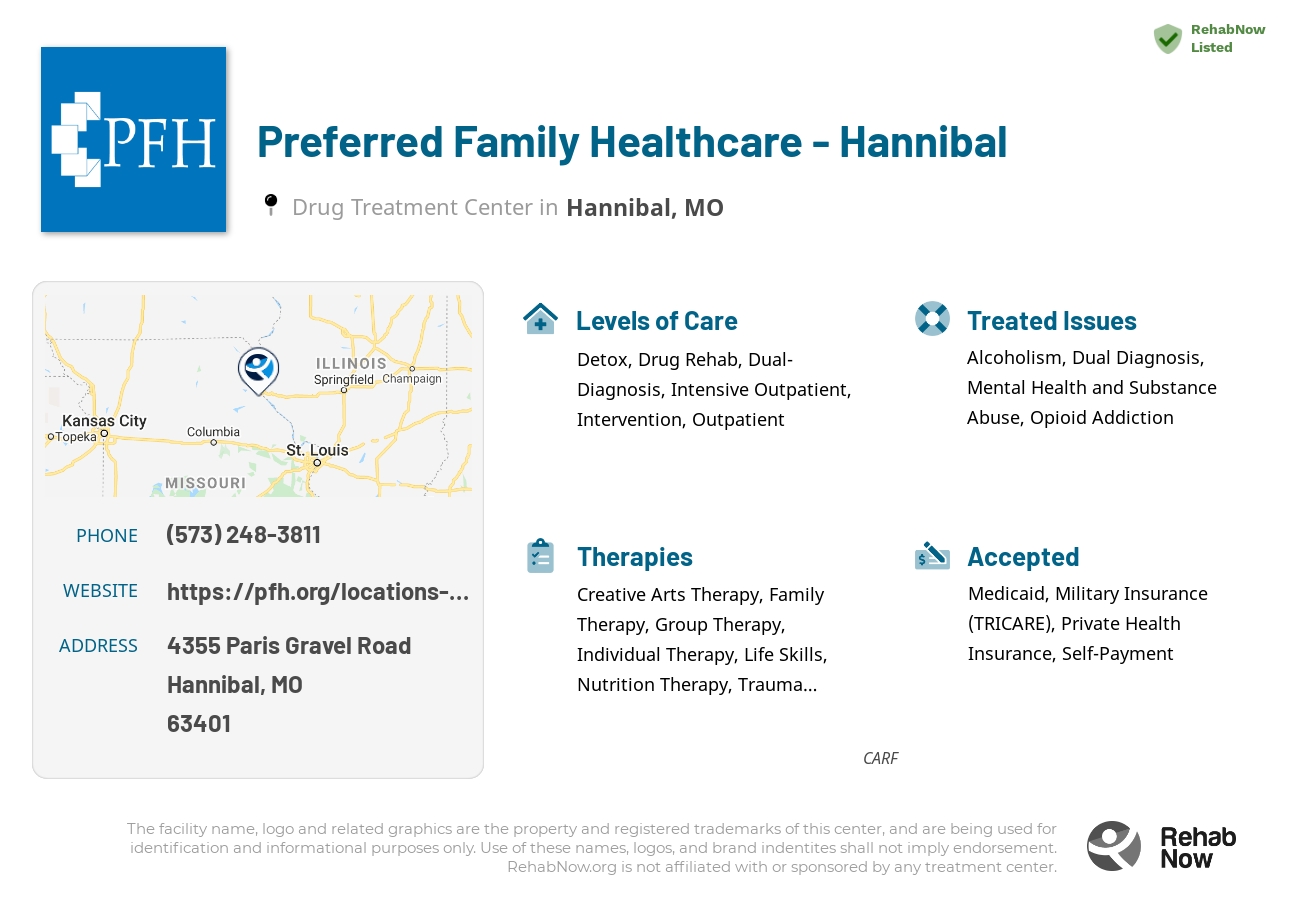 Helpful reference information for Preferred Family Healthcare - Hannibal, a drug treatment center in Missouri located at: 4355 Paris Gravel Road, Hannibal, MO, 63401, including phone numbers, official website, and more. Listed briefly is an overview of Levels of Care, Therapies Offered, Issues Treated, and accepted forms of Payment Methods.
