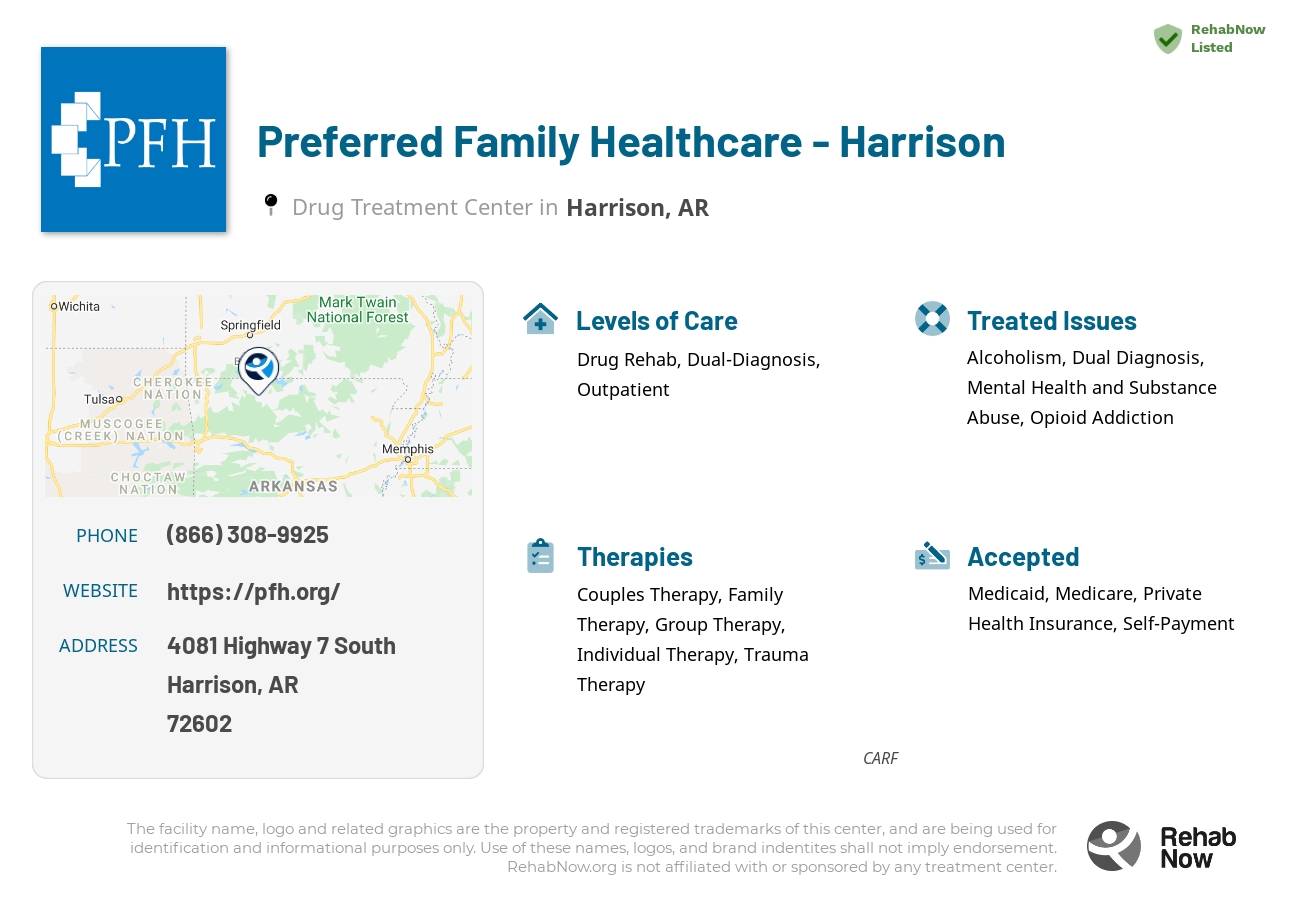 Helpful reference information for Preferred Family Healthcare - Harrison, a drug treatment center in Arkansas located at: 4081 Highway 7 South, Harrison, AR, 72602, including phone numbers, official website, and more. Listed briefly is an overview of Levels of Care, Therapies Offered, Issues Treated, and accepted forms of Payment Methods.