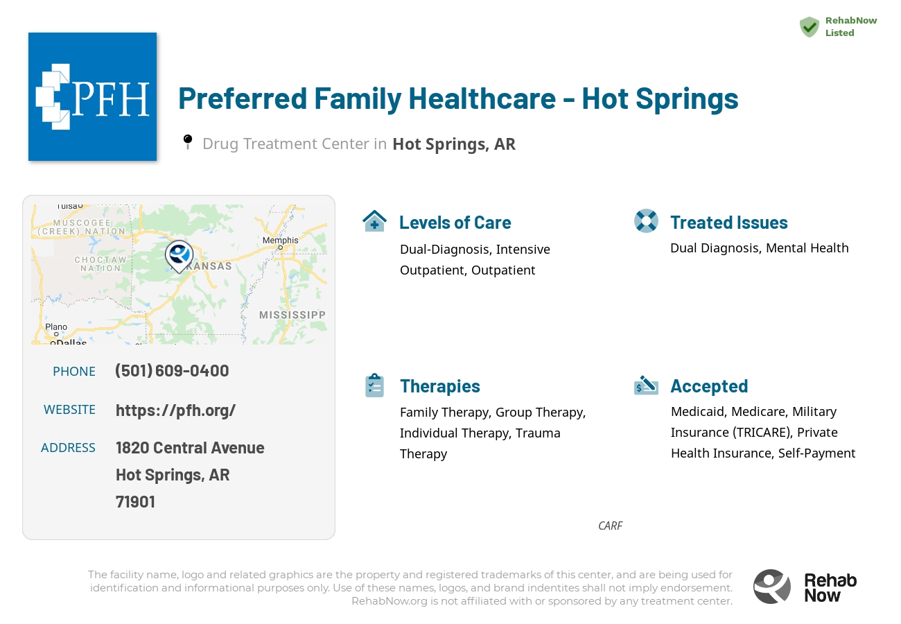 Helpful reference information for Preferred Family Healthcare - Hot Springs, a drug treatment center in Arkansas located at: 1820 Central Avenue, Hot Springs, AR, 71901, including phone numbers, official website, and more. Listed briefly is an overview of Levels of Care, Therapies Offered, Issues Treated, and accepted forms of Payment Methods.