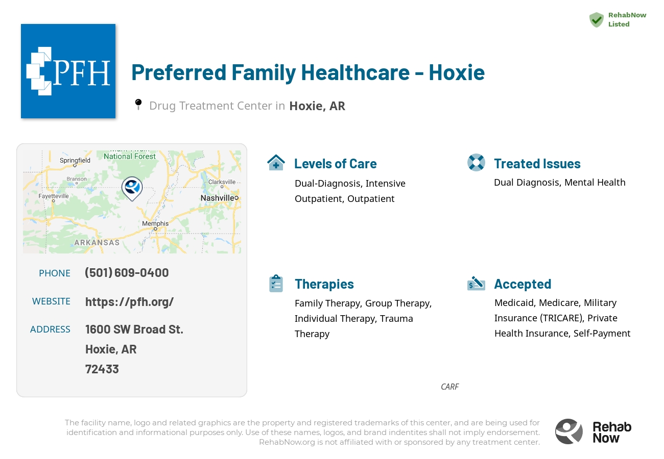 Helpful reference information for Preferred Family Healthcare - Hoxie, a drug treatment center in Arkansas located at: 1600 SW Broad St., Hoxie, AR, 72433, including phone numbers, official website, and more. Listed briefly is an overview of Levels of Care, Therapies Offered, Issues Treated, and accepted forms of Payment Methods.
