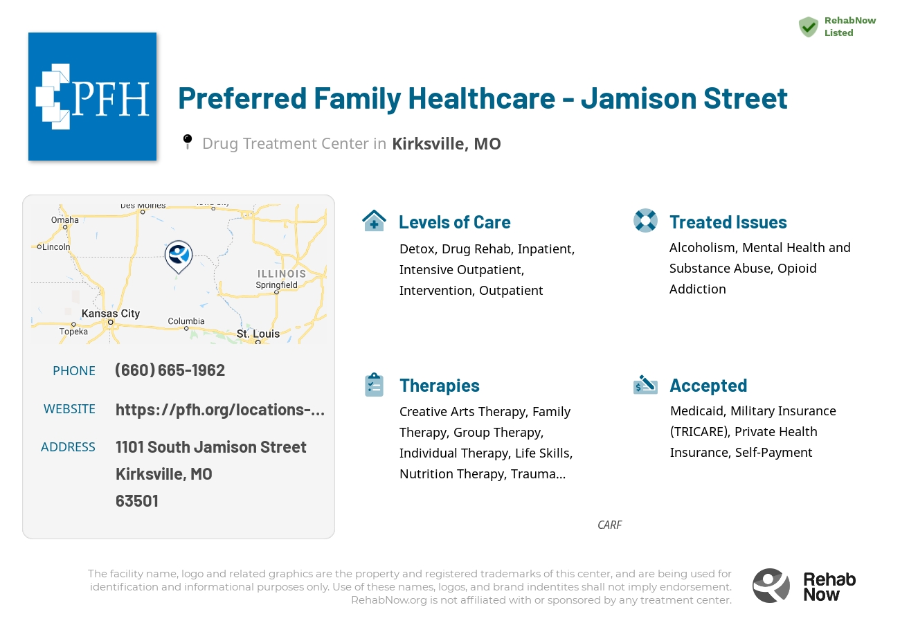 Helpful reference information for Preferred Family Healthcare - Jamison Street, a drug treatment center in Missouri located at: 1101 South Jamison Street, Kirksville, MO, 63501, including phone numbers, official website, and more. Listed briefly is an overview of Levels of Care, Therapies Offered, Issues Treated, and accepted forms of Payment Methods.