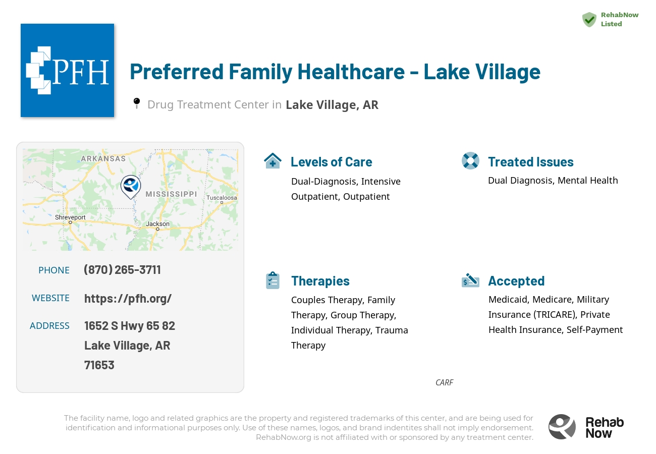 Helpful reference information for Preferred Family Healthcare - Lake Village, a drug treatment center in Arkansas located at: 1652 S Hwy 65 82, Lake Village, AR, 71653, including phone numbers, official website, and more. Listed briefly is an overview of Levels of Care, Therapies Offered, Issues Treated, and accepted forms of Payment Methods.
