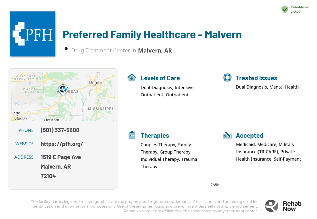Helpful reference information for Preferred Family Healthcare - Malvern, a drug treatment center in Arkansas located at: 1519 E Page Ave, Malvern, AR, 72104, including phone numbers, official website, and more. Listed briefly is an overview of Levels of Care, Therapies Offered, Issues Treated, and accepted forms of Payment Methods.