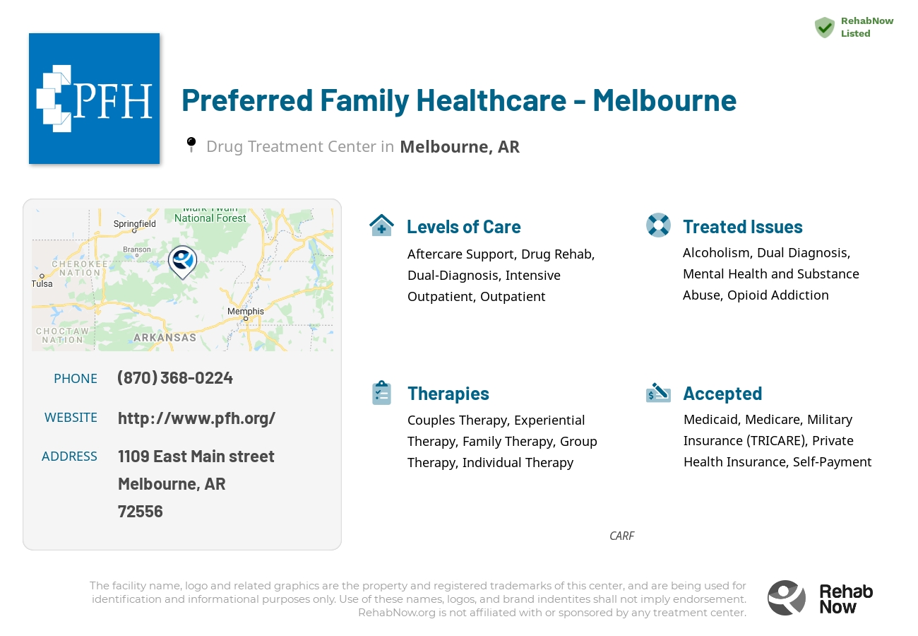 Helpful reference information for Preferred Family Healthcare - Melbourne, a drug treatment center in Arkansas located at: 1109 East Main street, Melbourne, AR, 72556, including phone numbers, official website, and more. Listed briefly is an overview of Levels of Care, Therapies Offered, Issues Treated, and accepted forms of Payment Methods.