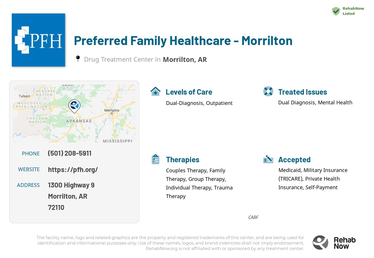 Helpful reference information for Preferred Family Healthcare - Morrilton, a drug treatment center in Arkansas located at: 1300 Highway 9, Morrilton, AR, 72110, including phone numbers, official website, and more. Listed briefly is an overview of Levels of Care, Therapies Offered, Issues Treated, and accepted forms of Payment Methods.